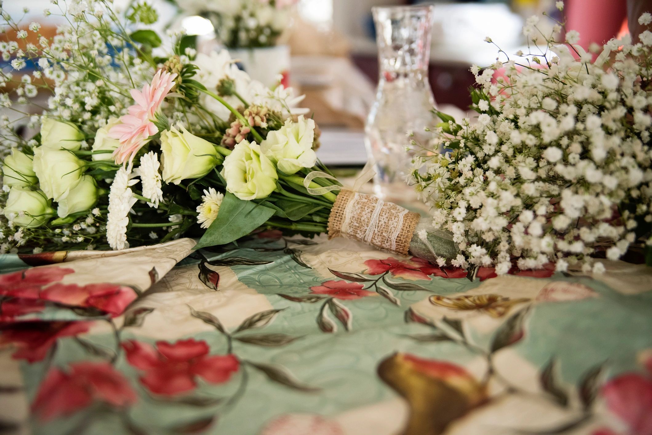 Flowers on table ready for a wedding bouquet