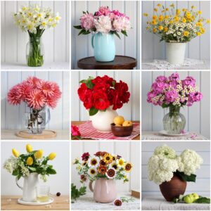 Nine floral compositions featuring various flowers in vases and pitchers: peonies and daffodils, roses and phlox, dahlias and daisies