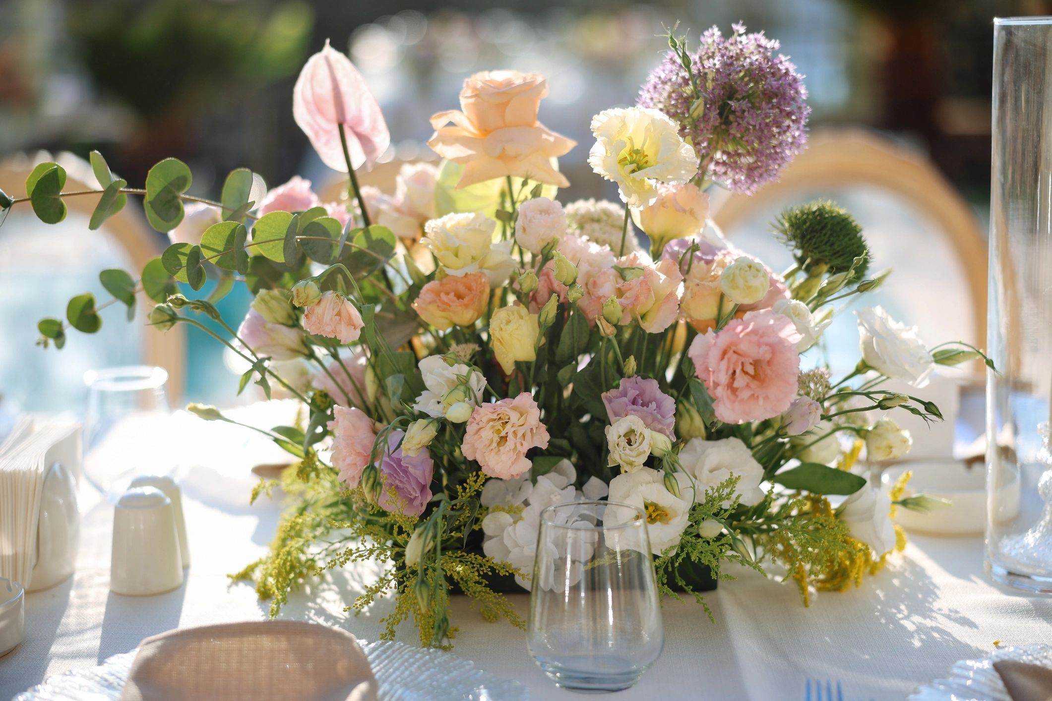 Decorated wedding reception table with flowers
