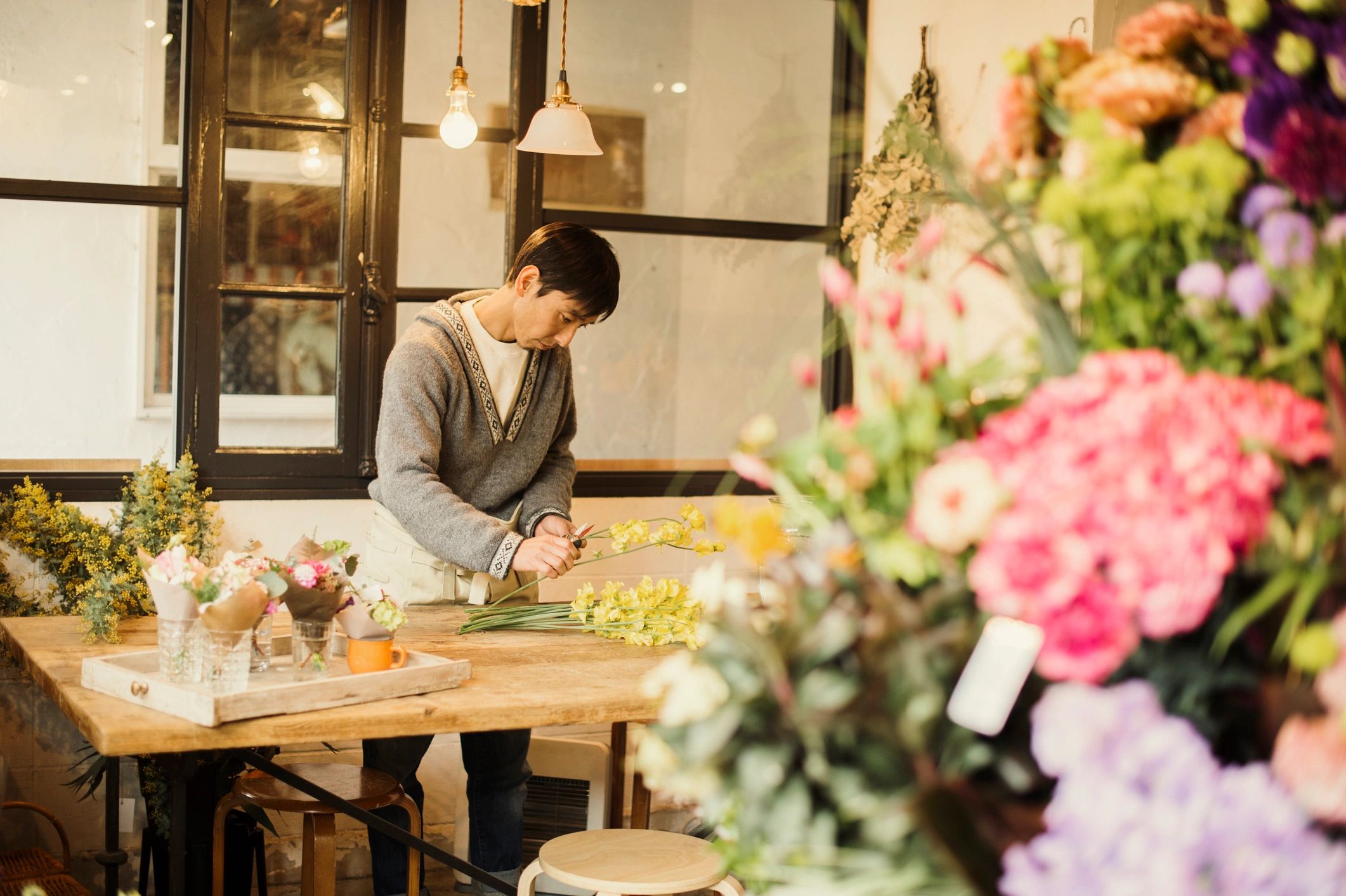 Florist preparing a bouquet
